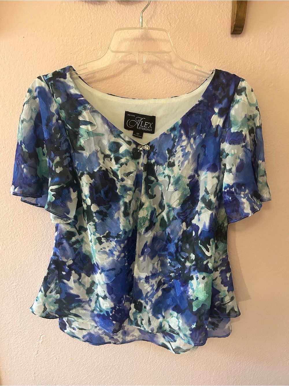Alex Evenings Petite Watercolor Floral Chiffon Blouse Blue Green SP